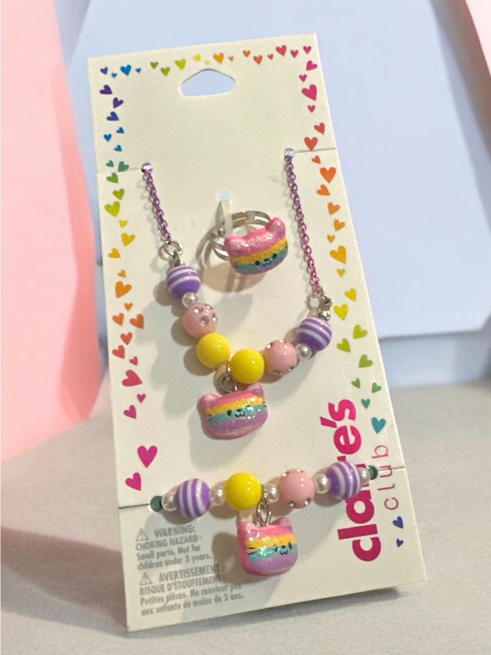 Claire's Pink, Purple, Yellow Rainbow Cat Necklace & Bracelet Set
1072